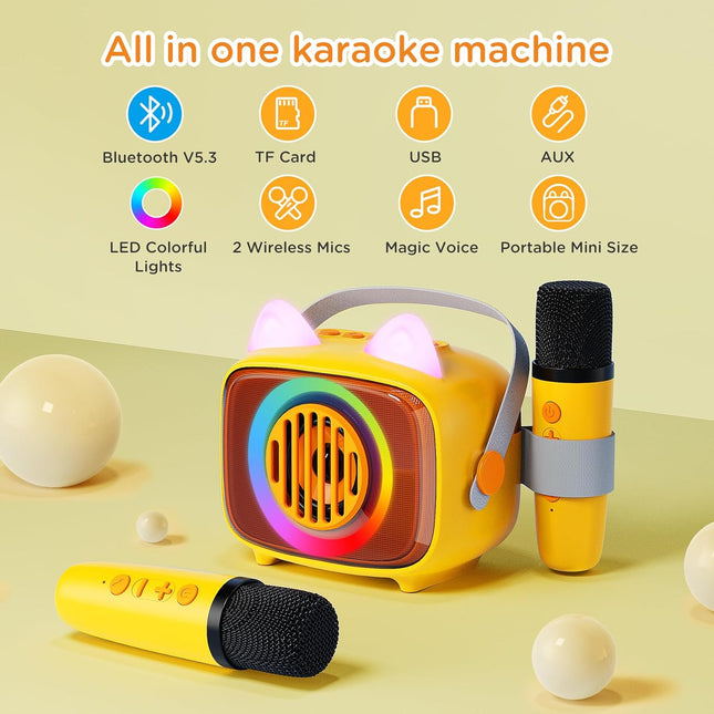 Mini Karaoke Machine for Kids, Portable Bluetooth Speaker with 2 Wireless Microphones, Toys Gift for Girls and Boys Birt