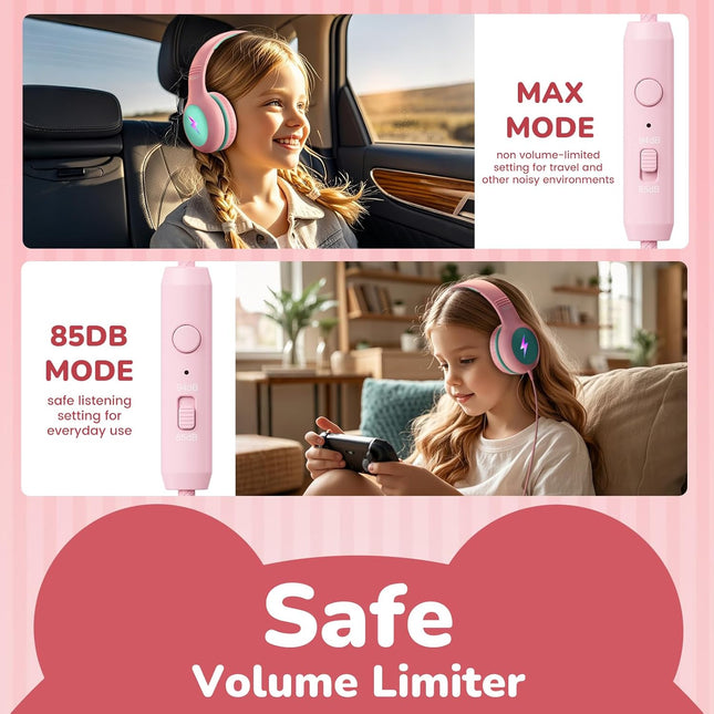 Kids USB C Headphones for School, 2025 Upgrade Safe Listening Wired Over-Ear Headphones with LED Lights, Volume Limiter 