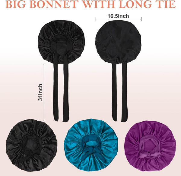 3Pcs Bonnets for Sleeping, Extra Satin Silk Bonnet for Sleeping Women with Tie Band for Curly Hair Jumbo Bonnet Braids A-06-Black+Peacock Blue+Purple