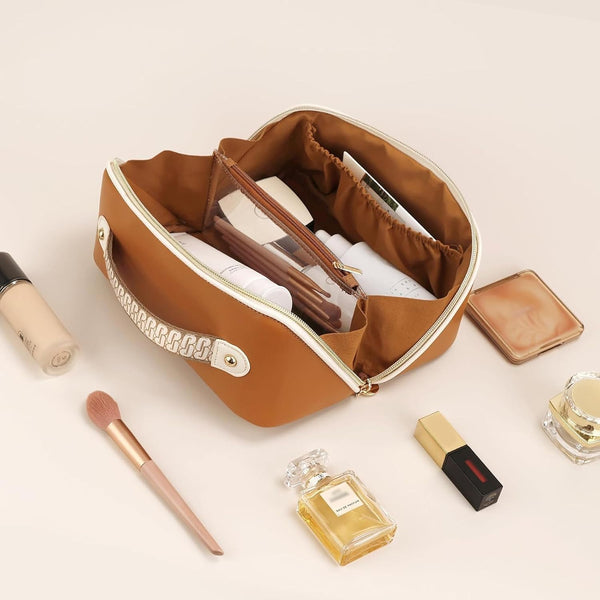 Prite Makeup Bag Travel Toiletry Bag Open Flat Cosmetic Organizer for Women New Brown Medium