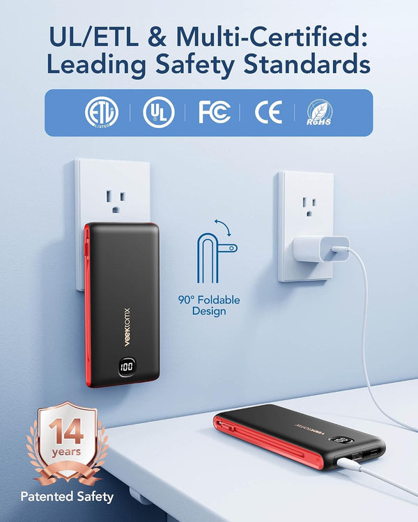 VEEKTOMX Portable Charger with Built in Cables 10000Mah, Power Bank for Iphone with AC Wall Plug, Fast Charging USB C Slim Battery Pack with LED