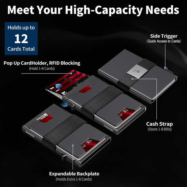 Slim Aluminum Card Holder Wallet for Men, Durable Expandable Backplate, RFID Blocking Minimalist Metal Pop up Wallet, Holds 12+ Cards plus Cash
