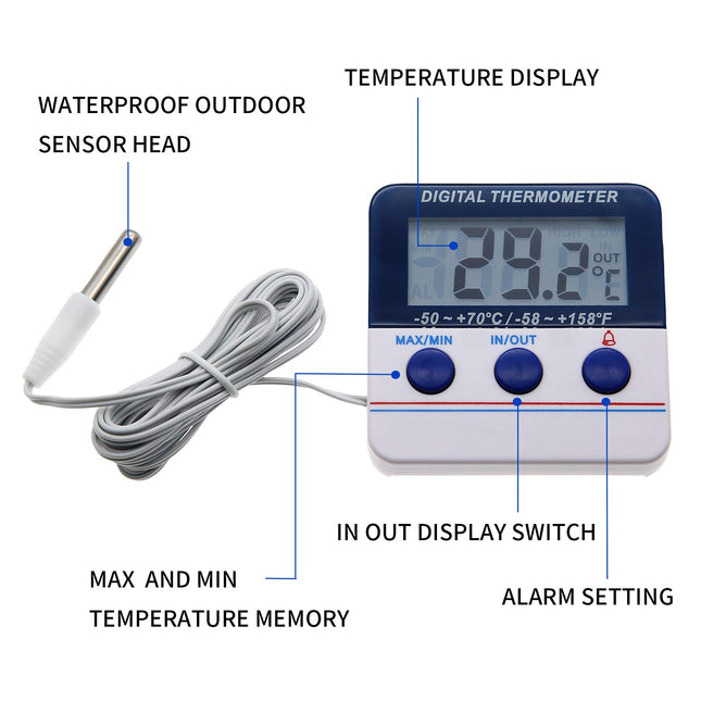 Fridge Thermometer Freezer Thermometer Digital Refrigerator Thermometer with Magnetic Attachment in-Outdoor Alarm Thermo