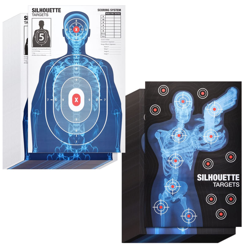 Paper Targets for Shooting Range - 25 x 38 in, 50 Pack, 2 Human Silhouette Designs - Realistic X-Ray Skeleton Anatomy with Red Scoring Marks -