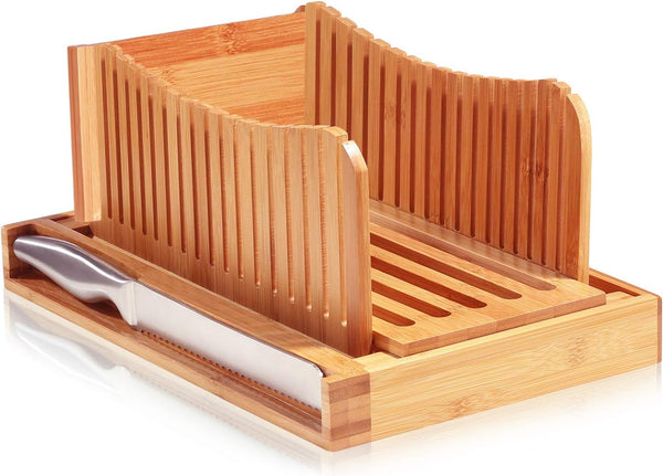 Bread Slicer for Homemade Bread - Bamboo Bread Slicer with Knife, Foldable Bread Slicing Guide with 3 Adjustable Thickness, Crumb Tray, Bread