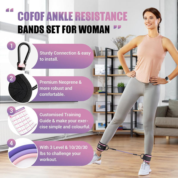 COFOF Ankle Resistance Bands w/ Cuffs, Ankle Bands for Working Out, Ankle Band Cuff for Kickbacks Hip, Leg Glute Exercise Equipment w/ Training