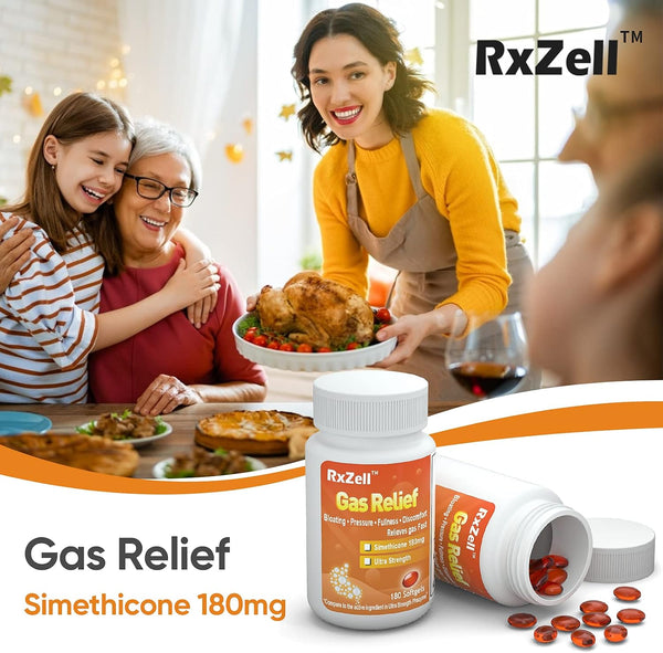 RXZELL Gas Relief, Maximum Strength Simethicone 250mg, 120 Softgels - Anti Flatulence Relieves Gas Fast, Bloating Aid, Stomach Discomfort,