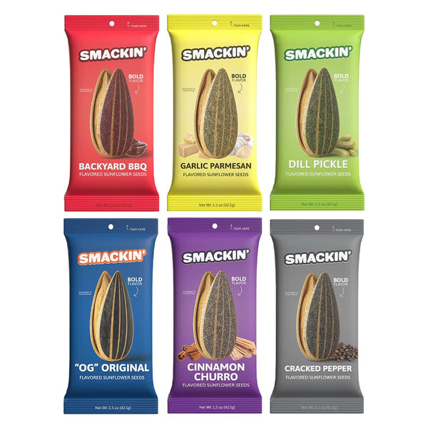 SMACKIN' Sunflower Seeds, Roasted Jumbo Small-Batch, American Made - 6 Flavor Variety. 1.5oz bags (6 Bags) Variety 1.5 Ounce (Pack of 6)