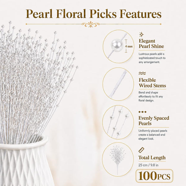 100 Pieces String Pearl Sticks Pearls for Crafts, Artificial Pearls String Beads for Wedding Bridal Flower Bouquet, Wedding Party Table Decor,