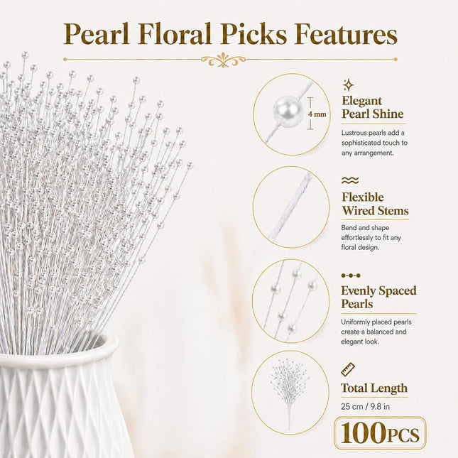 100 Pieces String Pearl Sticks Pearls for Crafts, Artificial Pearls String Beads for Wedding Bridal Flower Bouquet, Wedding Party Table Decor,