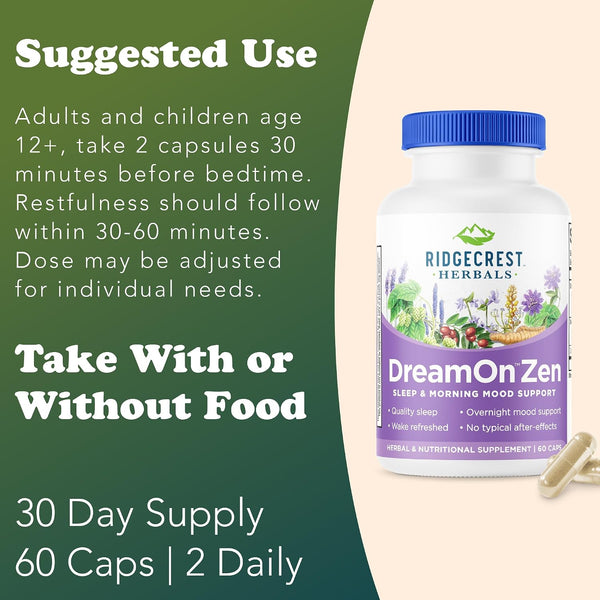 Ridgecrest Herbals Dreamon Zen, Sleep Support Supplement, Melatonin Free, Magnesium, 5-HTP, Lavender, Chamomile, Valerian, Lemon Balm for Adults