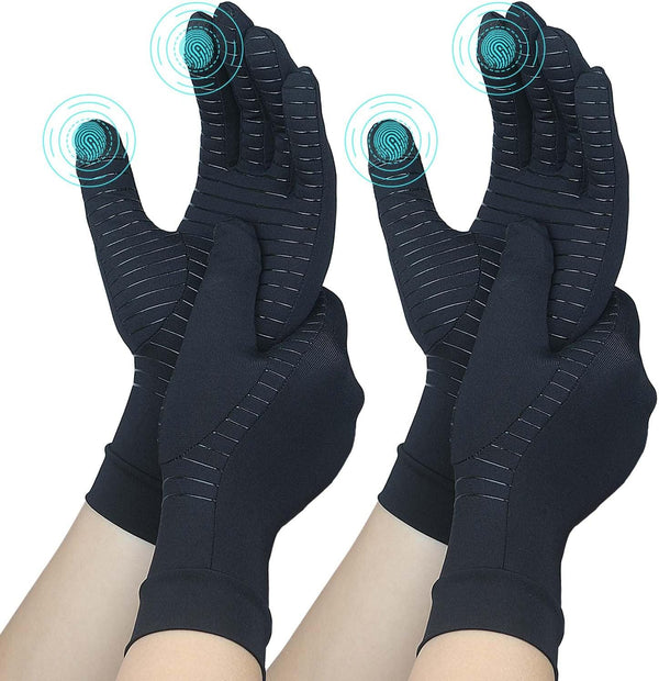 2 Pairs Full Finger Copper Arthritis Gloves with Touchscreen Tip, Compression Gloves for Women Men, Relief for Rheumatoid, Osteoarthritis, Carpal