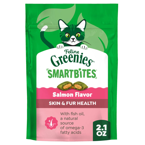 Greenies Feline Smartbites Skin & Fur Health Cat Treats, Salmon, 2.1 oz | Fish oil & flaxseed, omega-3 fatty acids, no artificial flavors or
