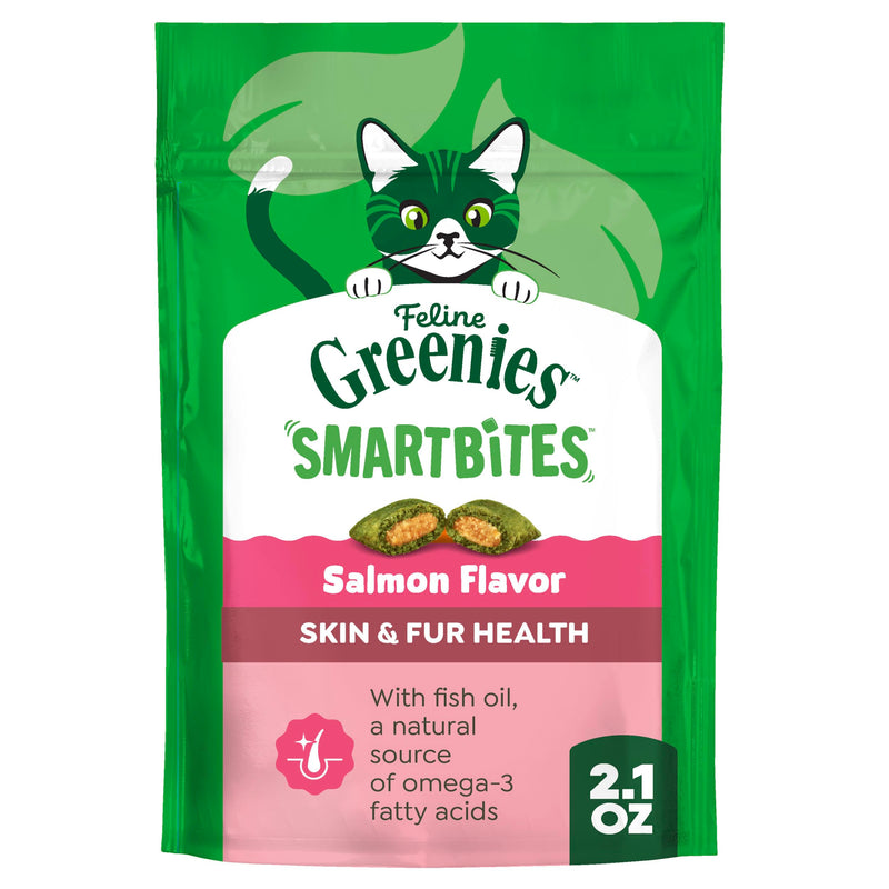 Greenies Feline Smartbites Skin & Fur Health Cat Treats, Salmon, 2.1 oz | Fish oil & flaxseed, omega-3 fatty acids, no artificial flavors or