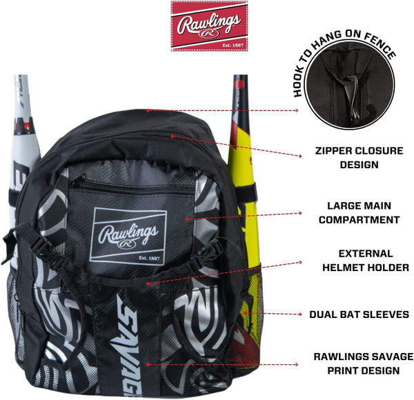Rawlings | SAVAGE Backpack Equipment Bag | T-Ball/Youth Baseball & Softball | Multiple Styles Black / Silver