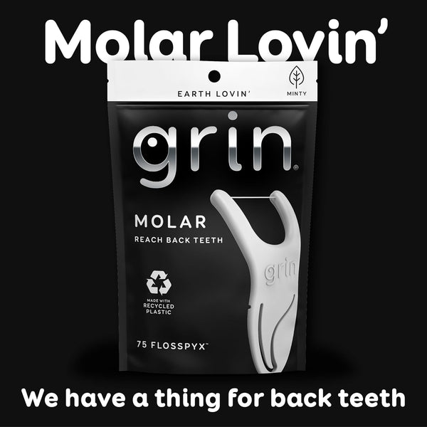 GRIN Molar Flosspyx, Floss Picks, 75 Count, Dental Flossers, Minty Flavor, Recycled Plastic, Great for Reaching Back Teeth, Slide Easily Between