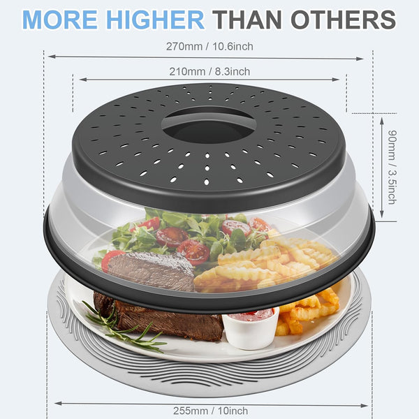 LekDrok 10 Inch Microwave Food Cover & Collapsible Silicone Mat - Splatter Guard, Plate Holder & Kitchen Colander for Meal Prep, Charcoal Cover+10"Mat