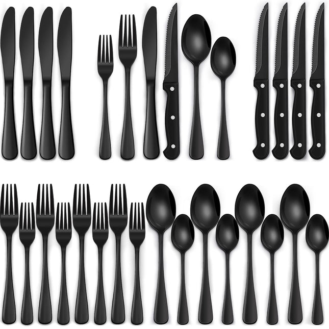 24-Piece Black Silverware Set with Steak Knives, Black Flatware Set for 4, Food-Grade Stainless Steel Tableware Cutlery 