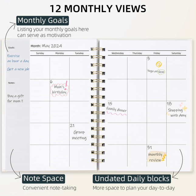 Undated Weekly and Monthly Planner Spiral Bound- Weekly Goals Planner Notebook, 