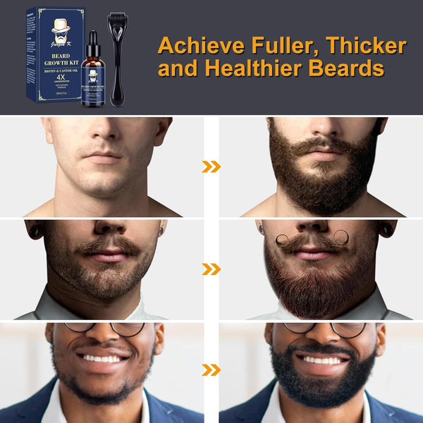 Jurgen K Beard Growth Kit, Upgraded Beard Growth Oil (2Oz) w/Biotin & Castor Oil, Beard Massager for Patchy/Spot Beard, Beard Kit for Men's Daily