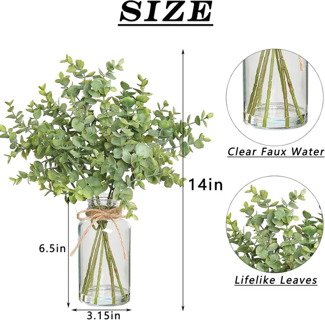 Zheart Fake Eucalyptus Stems in Glass Vase with Faux Water,14" Artificial Plants Eucalyptus Leaves for Shelf Desk Bathro