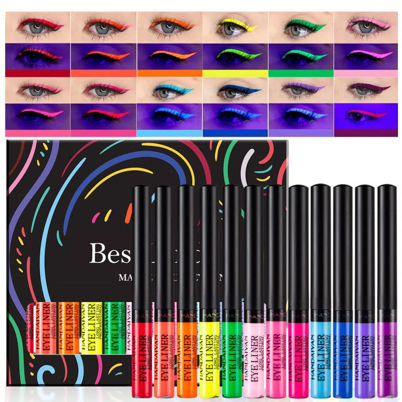 BestLand 12 Colors Matte Liquid Eyeliner Set Colorful UV Neon Eyeliner Pencil Pigmented Waterproof Smudgeproof Long Lasting Eye Liner Xmas
