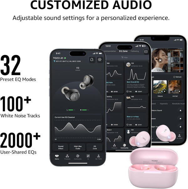 TOZO A1 Wireless Earbuds Bluetooth 5.3 Light Weight in Ear Headphones Rose Gold