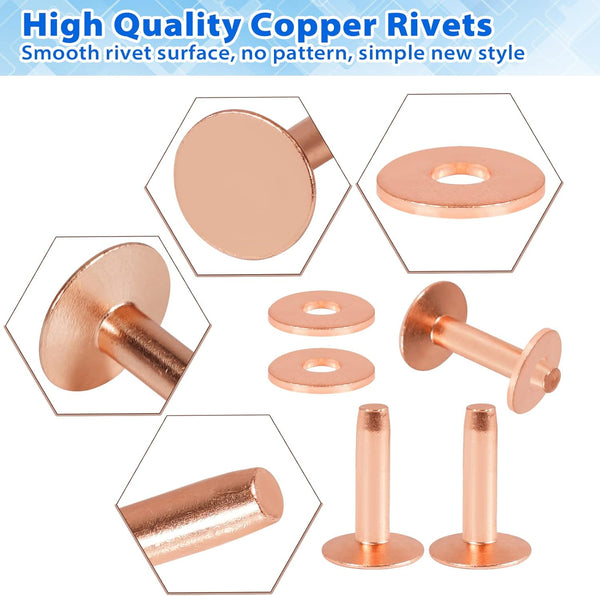 Junesunshine 154Pcs Copper Rivets for Leather, 2 Smooth Leather Rivets without Pattern, Pure Copper Rivets and Burrs for Leather Work Jeans