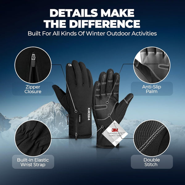 krosa Winter Gloves For Men Women Made with 3M Thinsulate, Waterproof Ski Gloves for Cold Weather with 10 Touchscreen Fingers Black Large