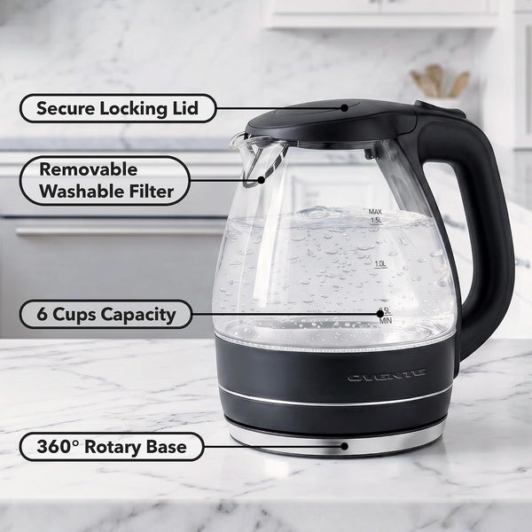 OVENTE Electric Kettle, 1.5L Borosilicate Glass Countertop Water Heater and Boiler for Coffee or Tea, BPA-Free, Auto Shut-Off, Boil-Dry