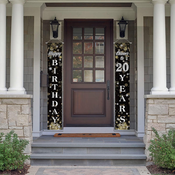 Happy 20th Birthday Decorations,20th Black & Silver Dream Star Birthday Theme Door Hanging Banner Sign,Cheers to Twenty Years Old Bday Party Supplies.