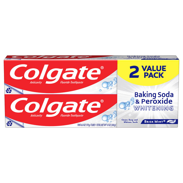 Colgate Baking Soda & Peroxide Toothpaste - Whitens Teeth, Fights Cavities & Removes Stains, Brisk Mint, 6 Ounce (Pack of 2) Mint 6 Ounce (Pack of 2)