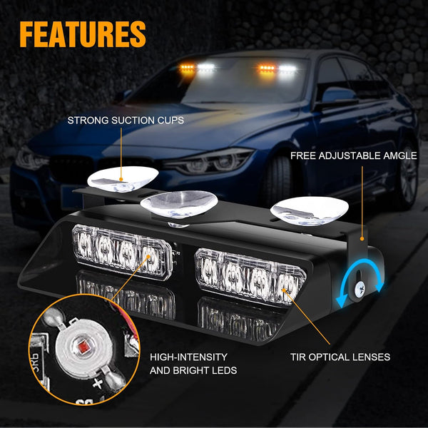 XRIDONSEN 2 in 1 Dash Strobe Lights Interior Windshield Emergency Lights | Amber White Warning Hazard Safety Flashing Light w/ Suction Cups for