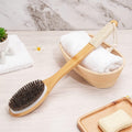 Exfoliating Back Scrubber for Shower with Curved Long Handle, 16.7 Inches Bamboo Body Brush with Natural Bristles for Wet or Dry Brushing, Body