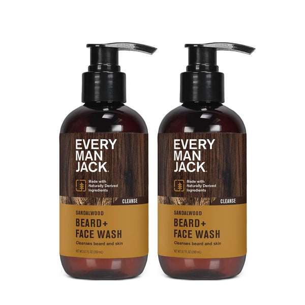 Every Man Jack Beard + Face Wash - Sandalwood Scent - Gently cleanse skin and soften beard - Made with Glycerin and Aloe - 6.7 fl. oz (2 Pack)