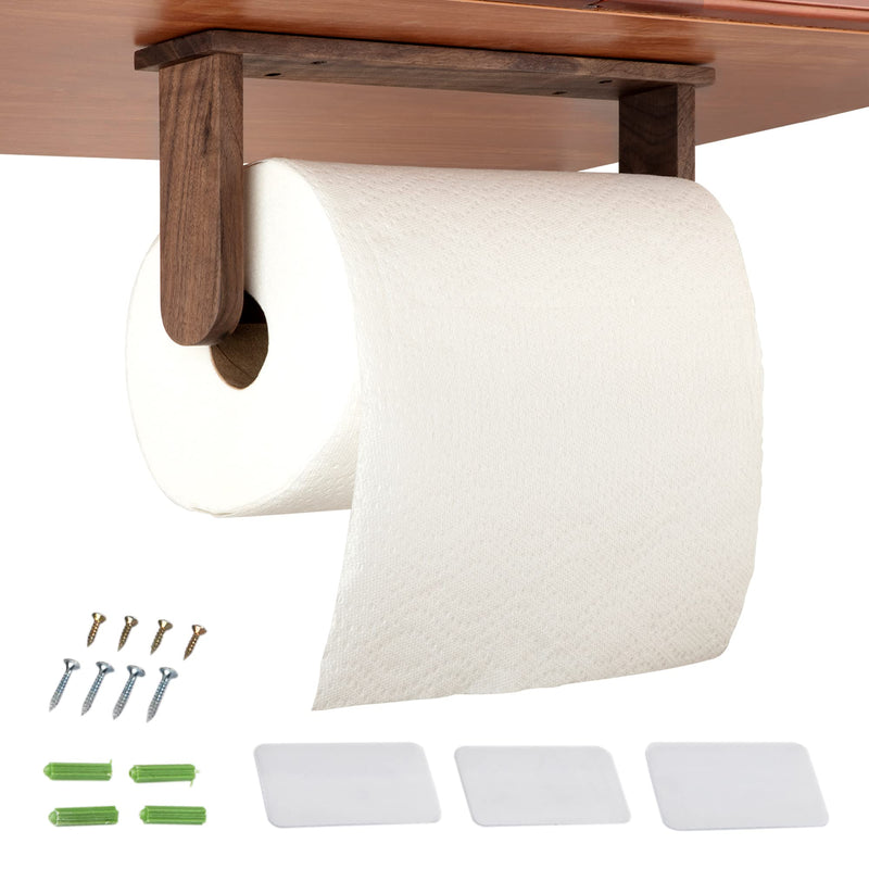 Wood-Paper-Towel-Holder-Under-Cabinet-Kitchen-Handmade - Wall Mounted/Adhesive No Drill Sturdy Roll Hanging Organizer, Horizontal Papertowel