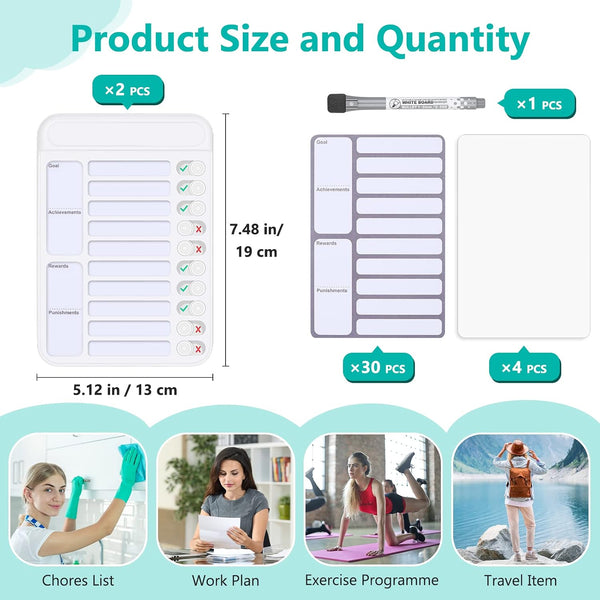 2Pcs Chore Chart for Kids to Do List Checklist Board Detachable Message Slider Schedule Planning Boards with 30Pcs Blank Checklist 4Pcs Cardstock