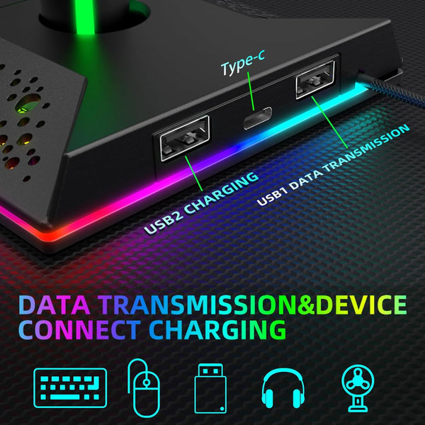 Gaming Headphone Stand PC Accessories - RGB Headset Stand with 2 USB and 1 Type-C Ports, LED Headphone Stand Gift for Boys Men, Computer Game