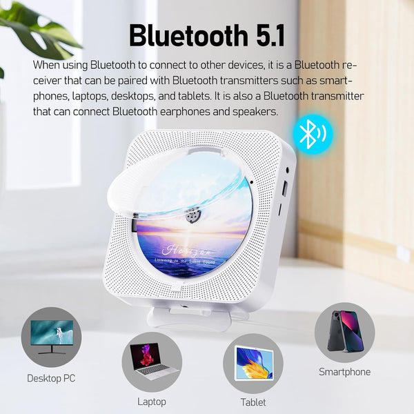 MICOCIOUS Bluetooth Portable Home CD Music Player with Remote Control, Timer, Built-in Speakers and LED Display - FM Radio Boombox (White)