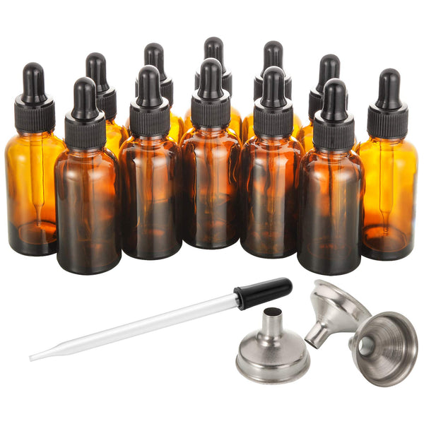 12 pcs, 1 oz Amber Dropper Bottles w/ 3 Stainless Steel Funnels & 1 Long Glass Dropper - 30ml Glass Bottles with Eye Droppers, Leakproof Essential