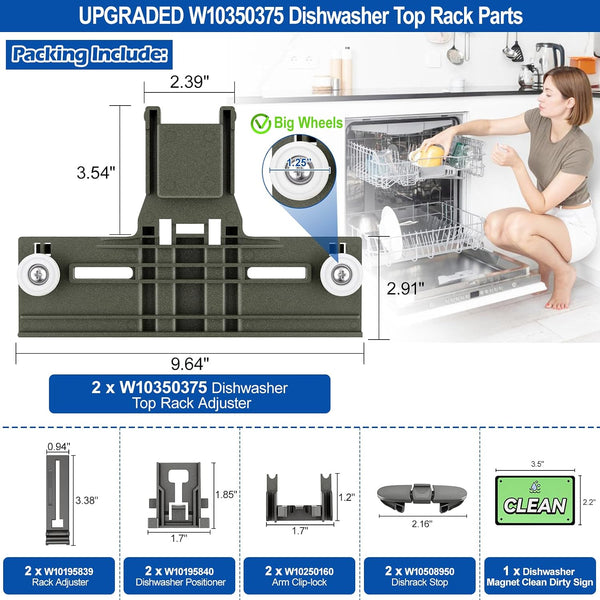Upgraded W10350375 Dishwasher Top Rack Adjuster parts For Whirlpool WDT730PAHZ0 WDT750SAHZ0 Upper Rack Parts,WDTA50SAHZ0 WDT970SAHZ0 Dishwasher