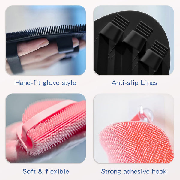 Manmihealth Silicone Back Scrubber(Thick Bristles) & Soft Bath Glove Set, Super-Exfoliating Body Scrubber & Super-Lathering Shower Brush