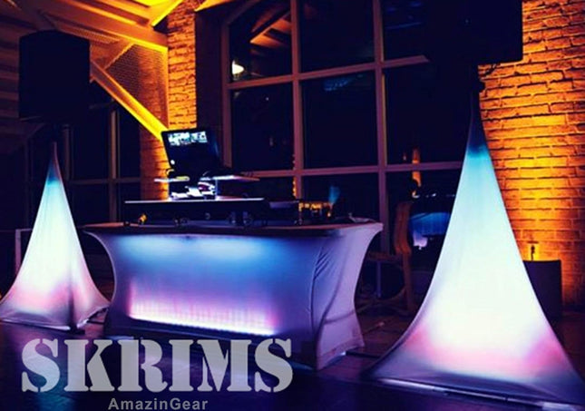 SKRIMS Super Flexible Speaker Stand Cover - Four Way Stretch White Spandex DJ Scrim - 3-Sided Tripod Skirt - 360 Degree 