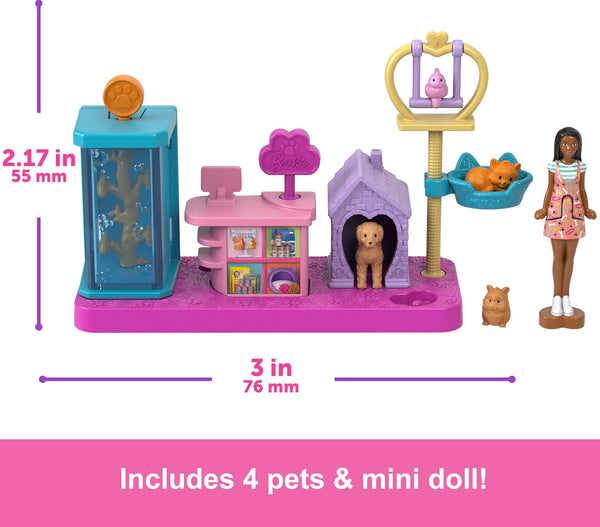 Barbie Mini BarbieLand Collectible Pet Boutique Playset with 1 1/2-Inch Doll, Product Display, Check Out Stand, Pet House & Cat Baskets for