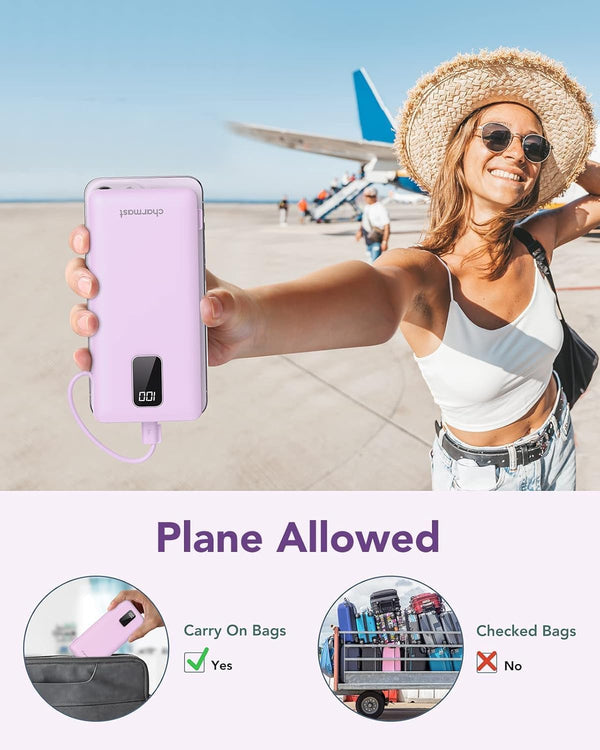 charmast Portable Charger with Built-in Cables & Wall Plug, 10000mAh Portable Power Bank, External Battery Pack Travel Essentials Compatible with