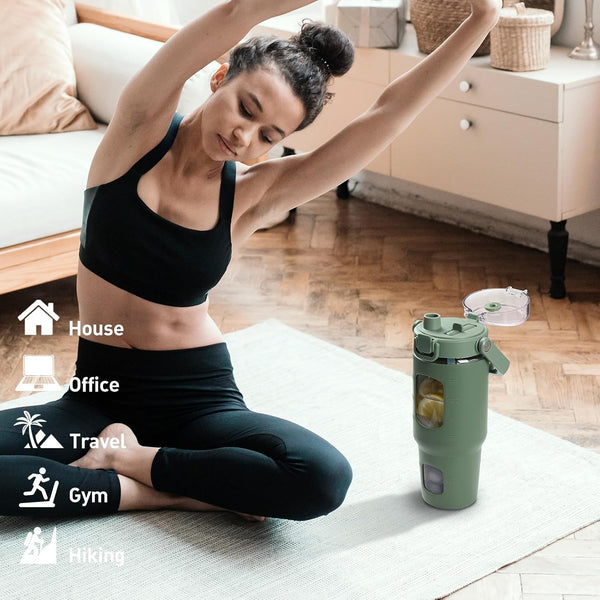 BLUEGO 40oz Glass Tumbler with Lid and Straw, Glass Water Bottles with Handle, Glass Cup with Time Marker and Silicone Sleeve, Fits Most Cup