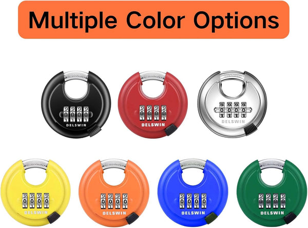 DELSWIN 4-Digit Disc Combination Lock Outdoor - Heavy Duty Combination Padlocks with Hardened Steel Shackle Weatherproof Combo Locks for