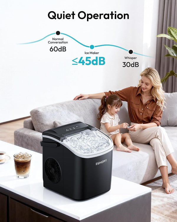 EUHOMY Countertop Ice Maker Machine with Handle, 26lbs in 24Hrs, 9 Ice Cubes Ready in 6 Mins, Auto-Cleaning Portable Ice Maker with Basket and