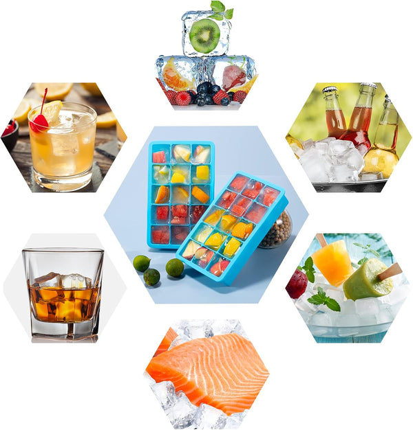 2 Pack Ice Cube Trays, ZDPMK Silicone Easy Release Flexible Molds 15 Ice Cubes Tray for Freezer，Cocktail，Whiskey，Reusable & BPA Free Blue