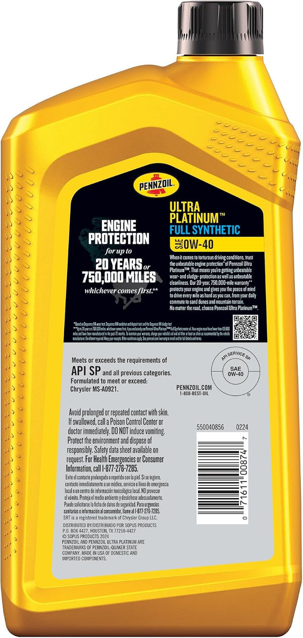 Pennzoil Ultra Platinum Full Synthetic 0W-40 Motor Oil, 1 Quart (6 Pack) 1 Quart 6 Pack 0W-40
